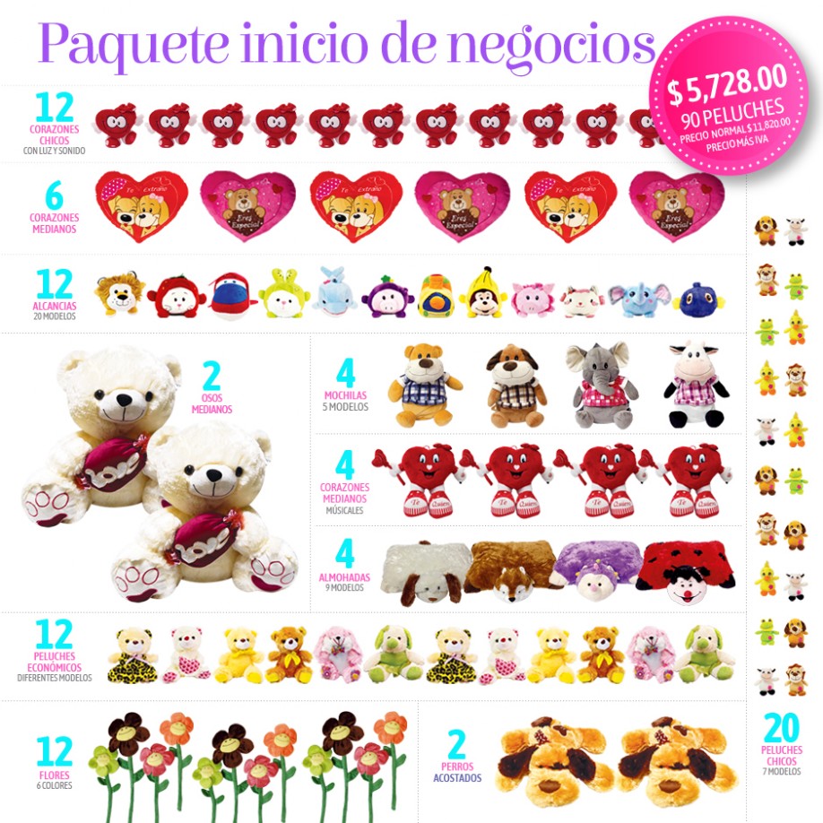 paque de peluches de diferentes tamaños a precio de mayoreo