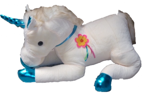 unicornio de peluche en color blanco con azul